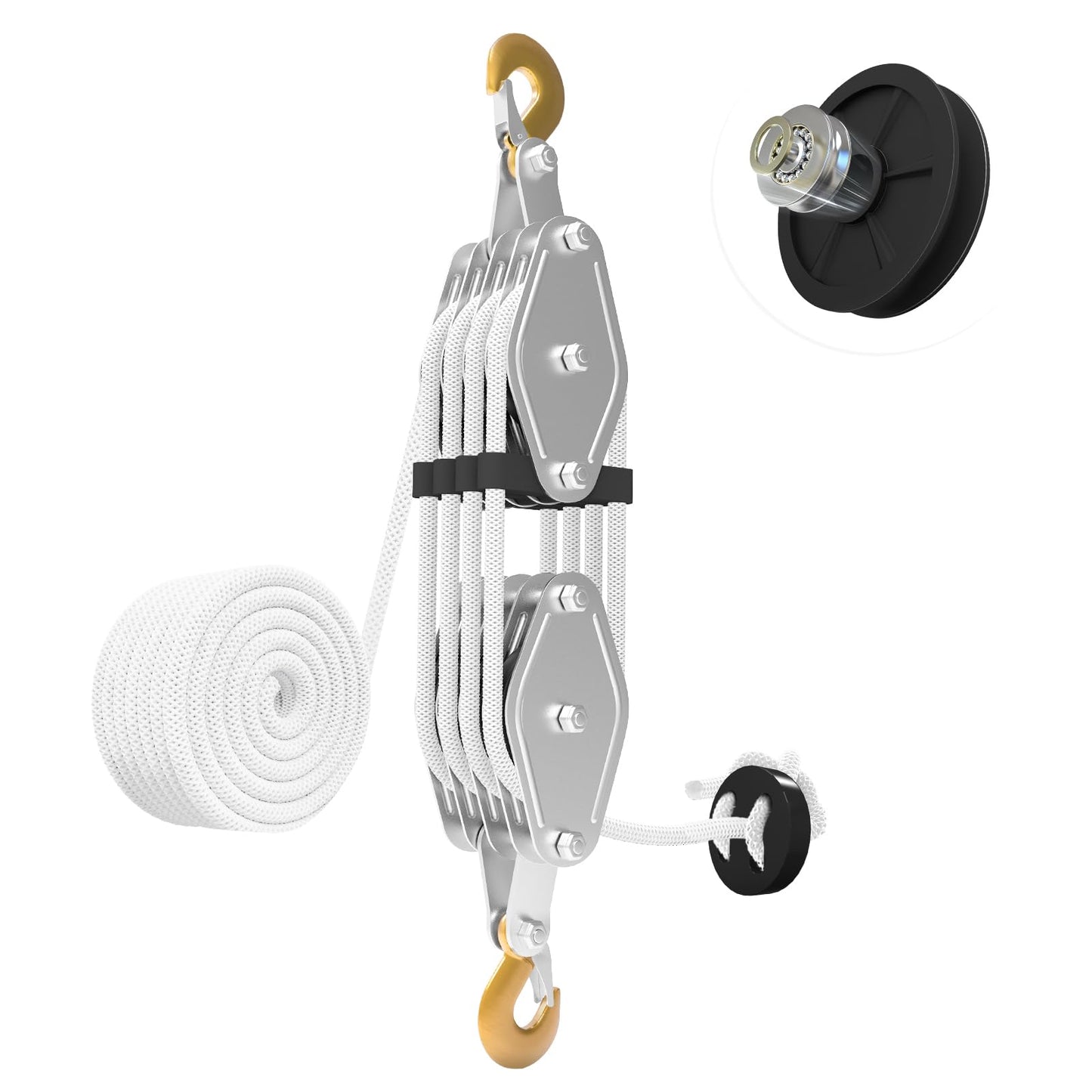 Rope Hoist Pulley System, 4400LB Pulley Block and Tackle, 8:1 Ratio Lifting Power 65ft, Heavy Duty Pulley Block for Lifting Pulling (with 2PCs Straps)