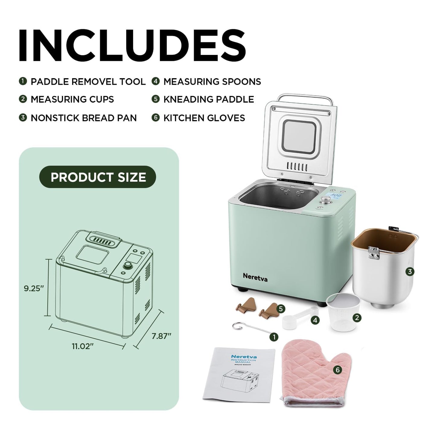 Neretva 20-IN-1 Bread Maker, Dual Heater 2LB Bread Machine Stainless Steel Bread Maker Machine Nonstick Ceramic Pan Compact for Gluten Free/Sourdough/Whole Wheat Bread/Yogurt, Breadmaker Recipe-Green