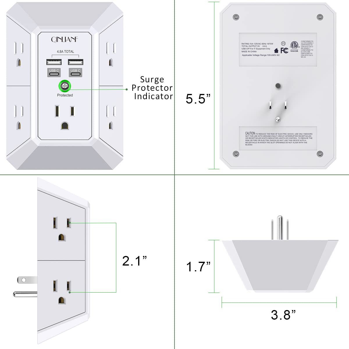 Wall Charger, Surge Protector, QINLIANF 5 Outlet Extender with 4 USB Charging Ports (4.8A Total) 3-Sided 1680J Power Strip Multi Plug Adapter Spaced for Home Travel Office (3U1C)
