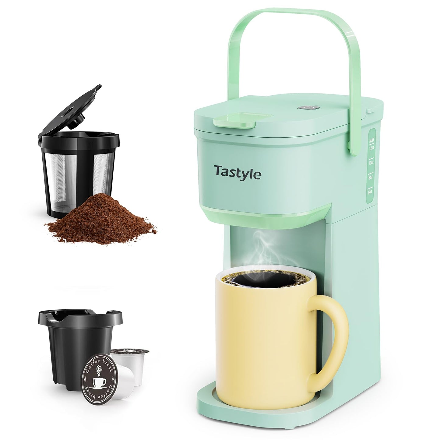 Single Serve One Cup Coffee Maker, for K Cups and Grounds, Mini Coffee Maker with Portable Handle, 6 to 12 Oz Brew Size, for Travel, Camping, Office, RV and Dorm, 120V, Black and Gold