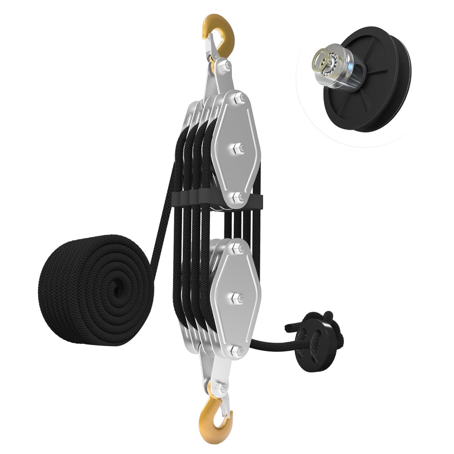 Rope Hoist Pulley System, 4400LB Pulley Block and Tackle, 8:1 Ratio Lifting Power 65ft, Heavy Duty Pulley Block for Lifting Pulling (with 2PCs Straps)