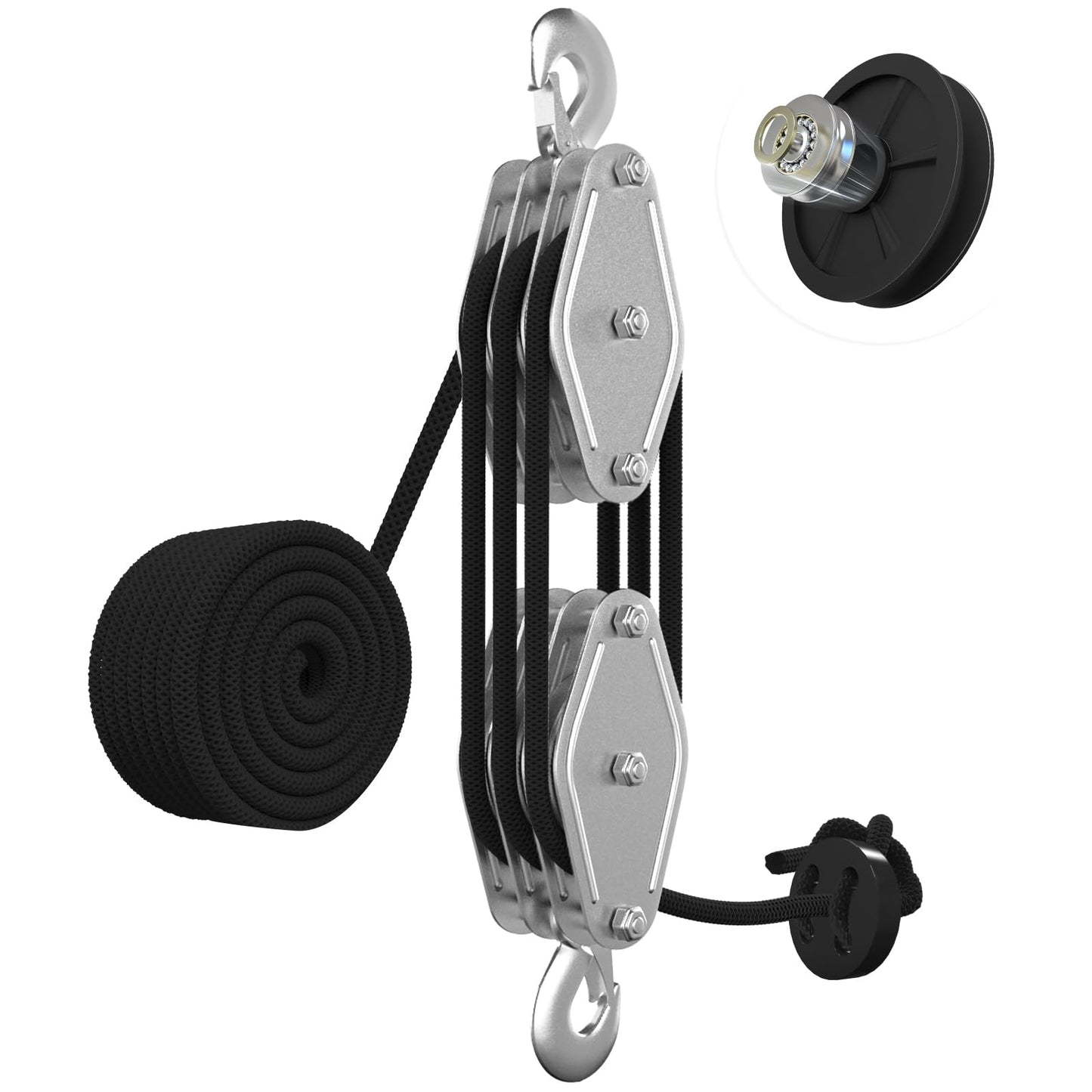 Rope Hoist Pulley System, 4400LB Pulley Block and Tackle, 8:1 Ratio Lifting Power 65ft, Heavy Duty Pulley Block for Lifting Pulling (with 2PCs Straps)