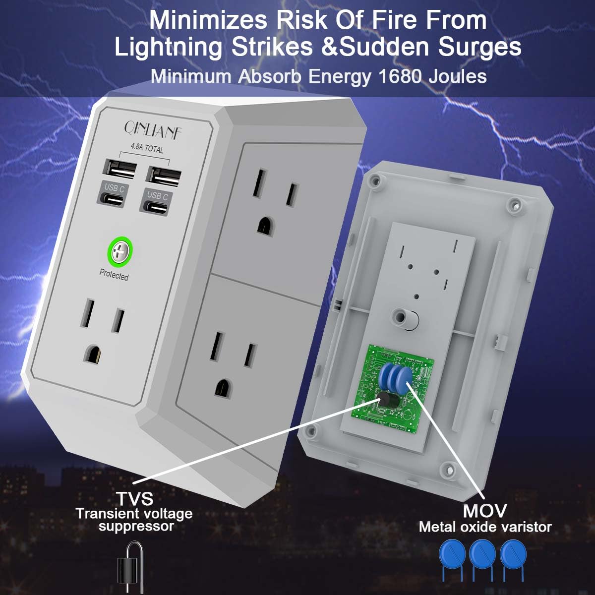 Wall Charger, Surge Protector, QINLIANF 5 Outlet Extender with 4 USB Charging Ports (4.8A Total) 3-Sided 1680J Power Strip Multi Plug Adapter Spaced for Home Travel Office (3U1C)