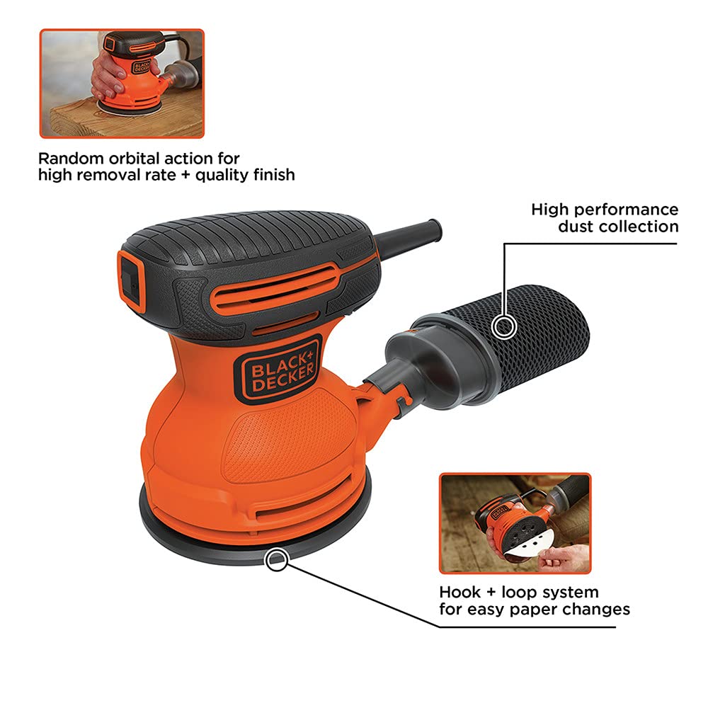 BLACK+DECKER Orbital Sander, 5 Inch, 2.0 Amp, 12000 OPM, Corded, 1 Sandpaper Sheet and Dust Bag Included (BDERO100)