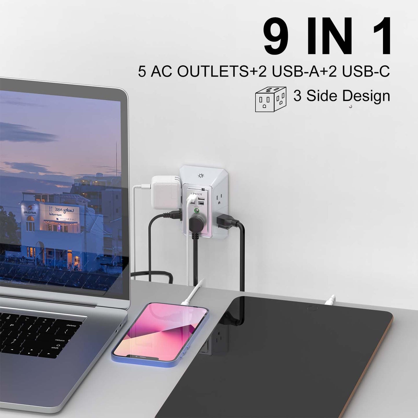 Wall Charger, Surge Protector, QINLIANF 5 Outlet Extender with 4 USB Charging Ports (4.8A Total) 3-Sided 1680J Power Strip Multi Plug Adapter Spaced for Home Travel Office (3U1C)