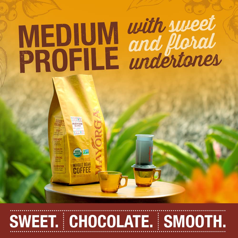 Mayorga Organic Coffee 2lb Mayan Blend - Medium Roast Whole Bean Coffee Specialty Grade, 100% Arabica, Slow Roasted, Chocolate and Floral Flavor with Low Acidity - USDA Organic, Non-GMO, Kosher