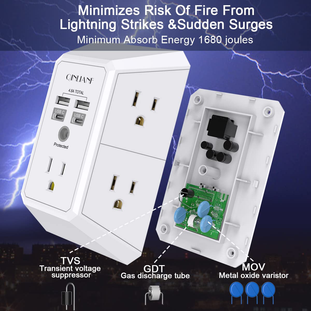 Wall Charger, Surge Protector, QINLIANF 5 Outlet Extender with 4 USB Charging Ports (4.8A Total) 3-Sided 1680J Power Strip Multi Plug Adapter Spaced for Home Travel Office (3U1C)