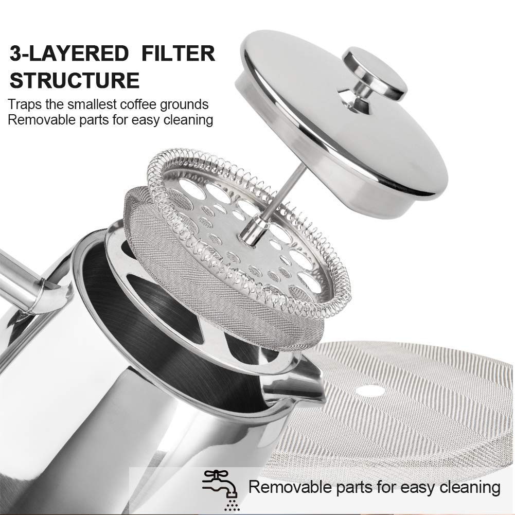 Secura French Press Coffee Maker, 50-Ounce, 304 Stainless Steel Insulated Coffee Press with Extra Screen