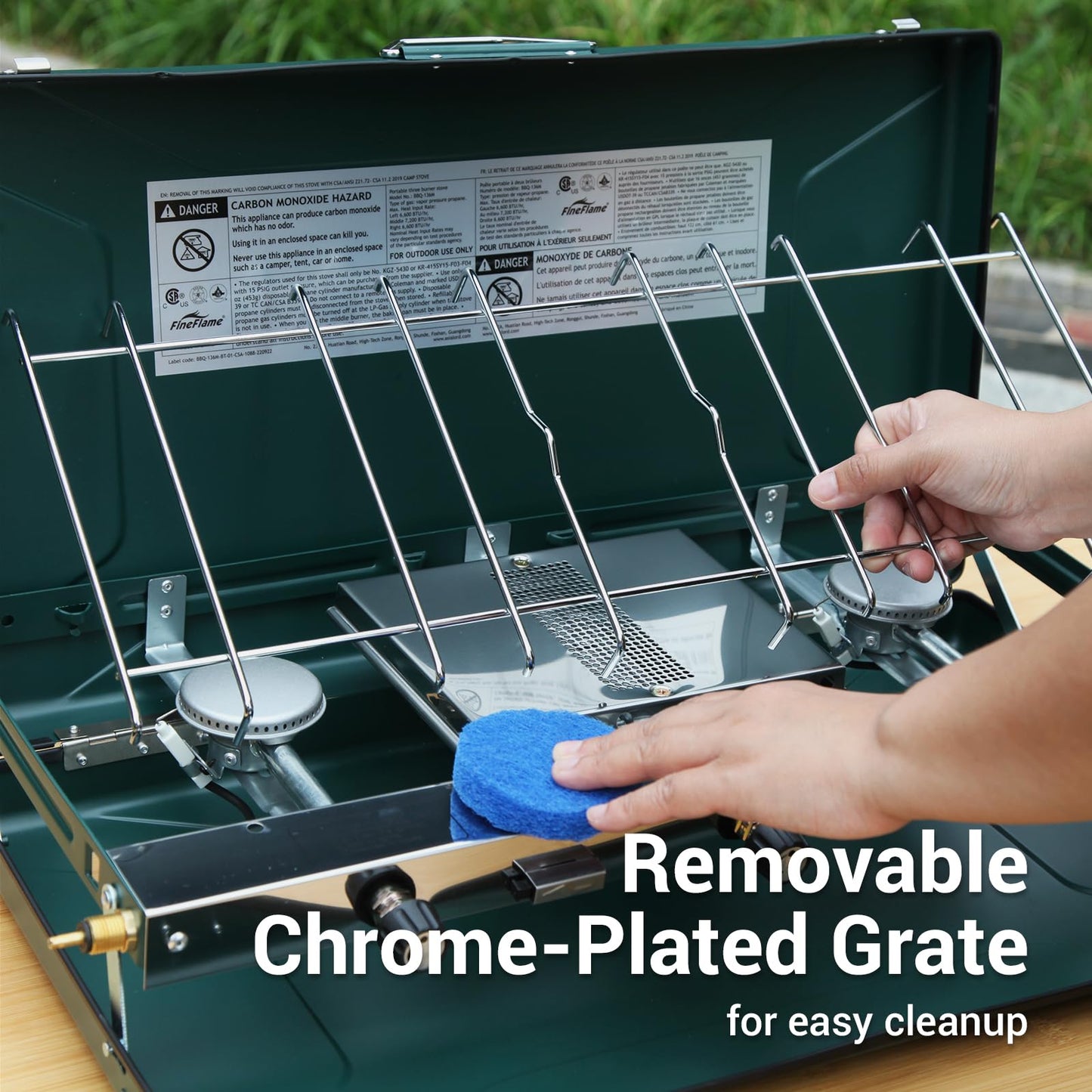 Camping Stove, 3 Burners Propane Portable Camp Stove with Regulator, Push-Button Instant Ignition, Adjustable Burners & Wind Guards for Car BBQ Picnics Outdoor Cooking (BEIGE-20400 BTUs)