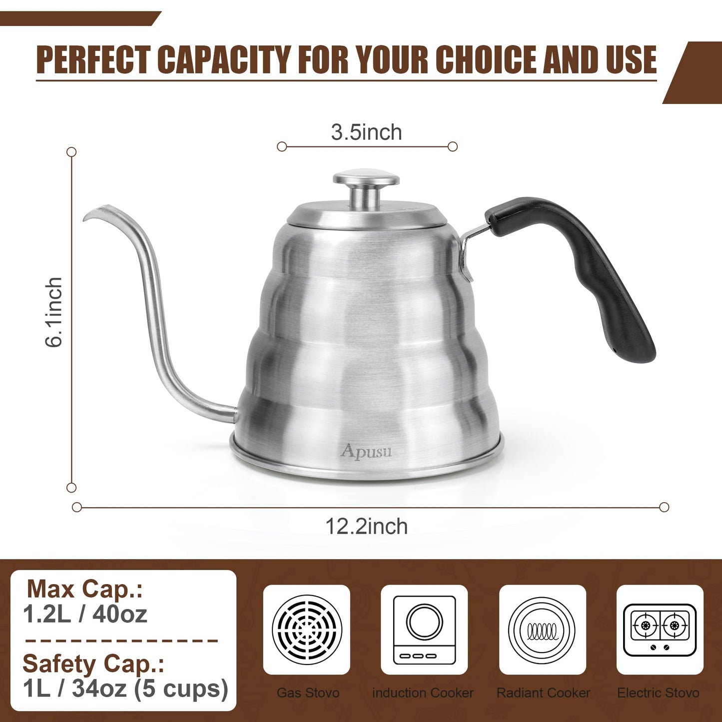 Tea Kettle with Thermometer Pot Black Stovetop Tea Kettle 40 oz 1200ml Gooseneck Kettle Teapot Pour Over Coffee Kettle with Thermometer,40oz,Black,1Pack