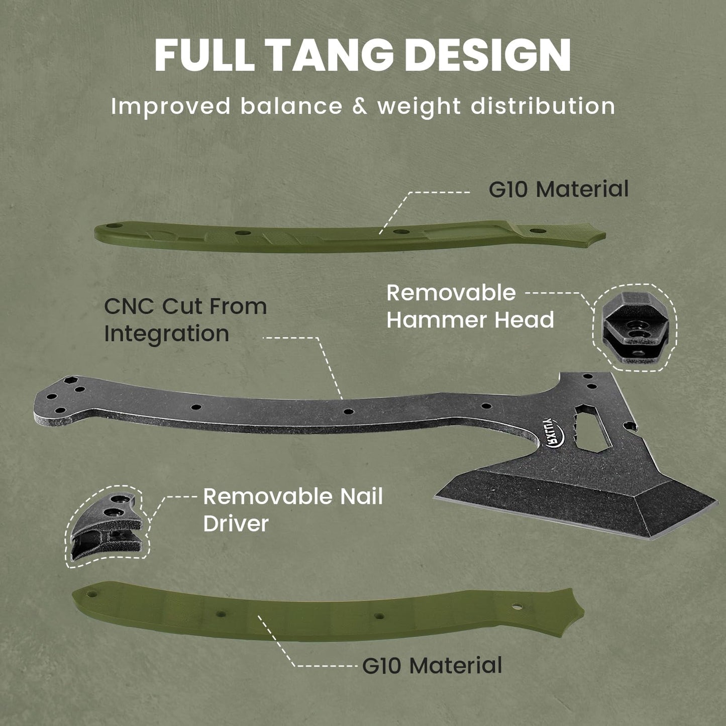 Tactical Axe with G10 Handle Camping Survival Hatchet, Multifunctional Hiking Outdoor Heavy Duty Full Tang Tomahawk Tools with Hammer, Unique Design Crowbar, Leather Sheath (Green)
