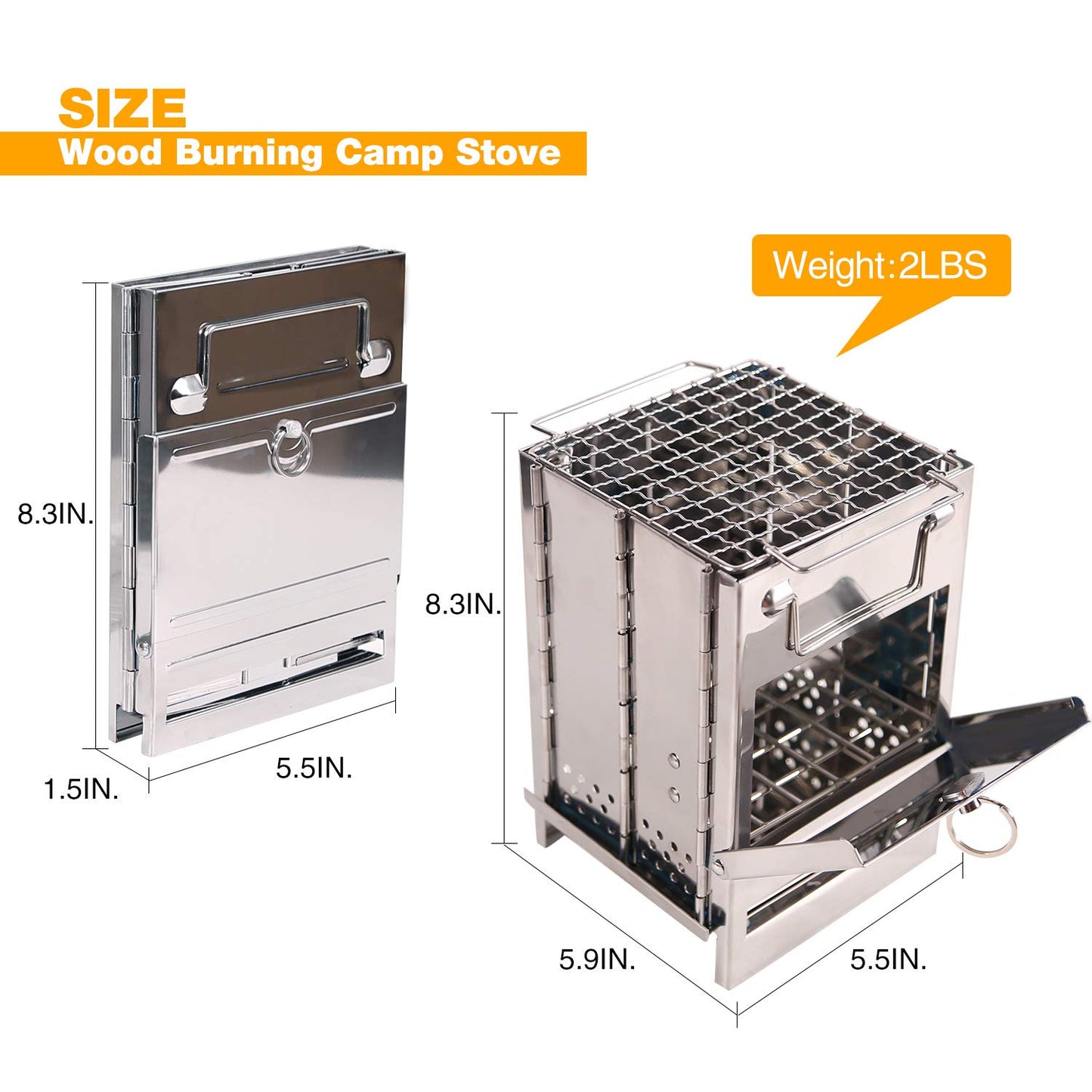 Portable Folding Camping Wood Stove for Outdoor Cooking, Lightweight Stainless Steel Wood Burning Camp Stove with Grill for Backpacking BBQ Picnic, Small