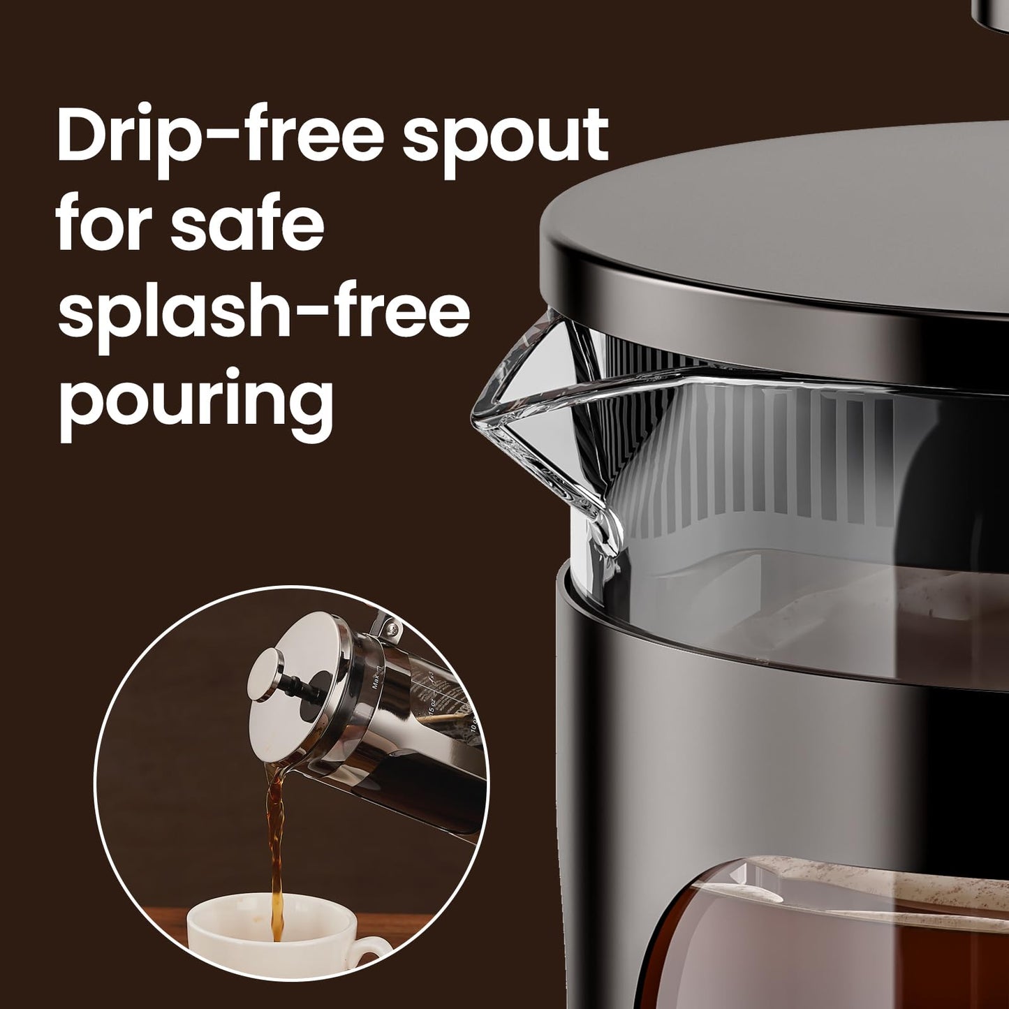 BAYKA French Press Coffee Maker, Large 304 Stainless Steel Coffee Press, Cold Brew Heat Resistant Thickened Borosilicate Coffee Pot for Camping Travel Gifts, 34 Ounce, Dark Pewter