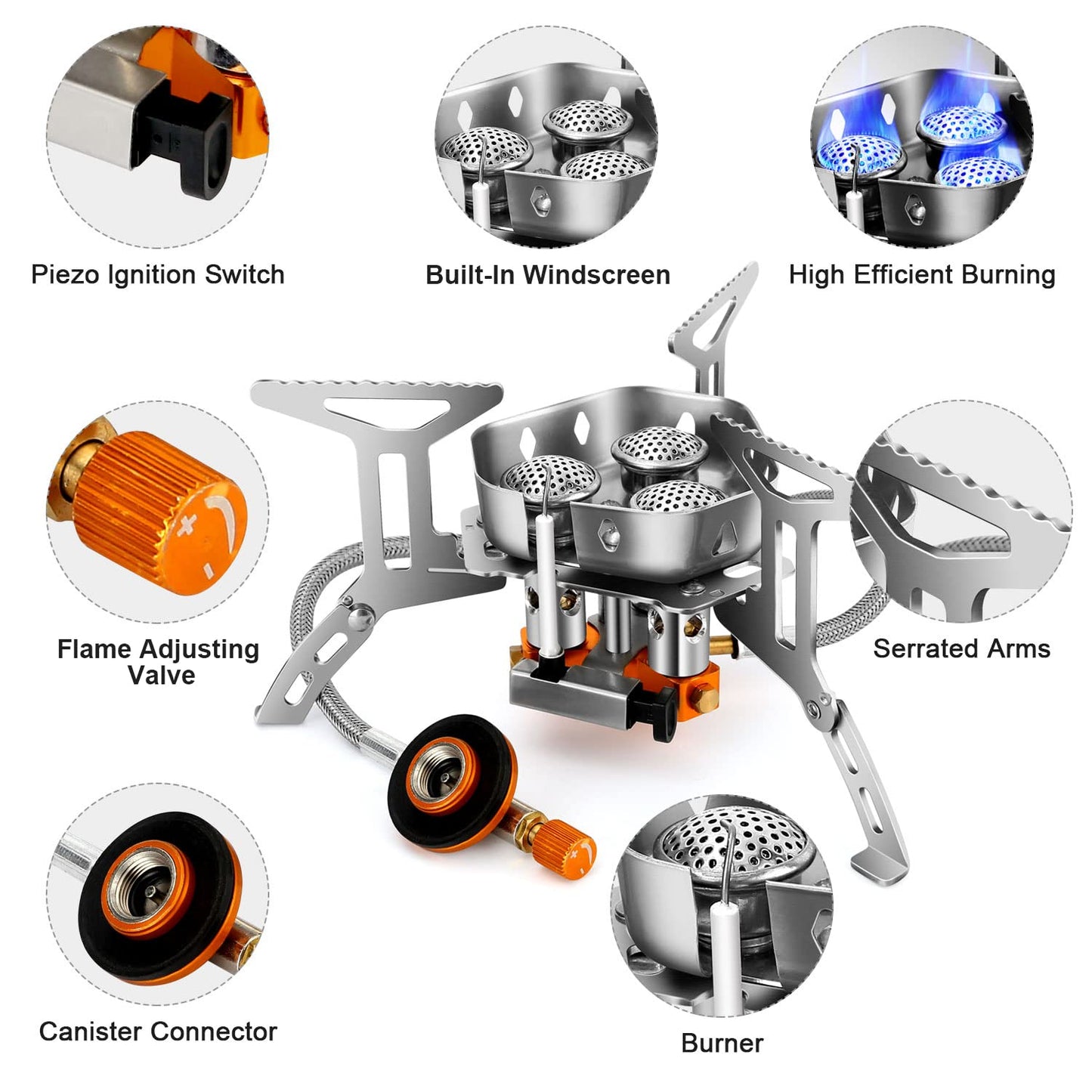 Odoland 3500W/6800W Windproof Camp Stove Camping Gas Stove with Fuel Canister Adapter, Piezo Ignition, Carry Case, Portable Collapsible Stove Burner for Outdoor Backpacking Hiking and Picnic