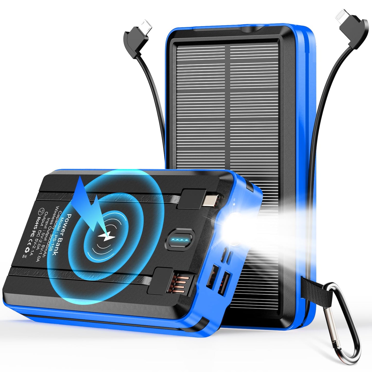 Portable Charger Solar Power Bank 52800mAh 5V/3A Fast Charging Battery Pack with Built in 4 Cables 2 Outputs & LED Flashlight for Cell Phone Camping and Hiking