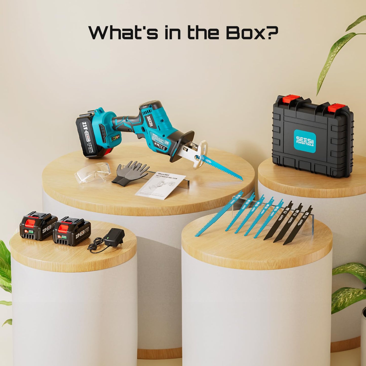 Seesii Reciprocating Saw Cordless, Variable Speed 3500 RPM Brushless Motor with 8 Saw Blades, 2 x 4.0Ah Batteries, LED Light, Tool‑Free Blade Change, Portable for Wood PVC Cutting