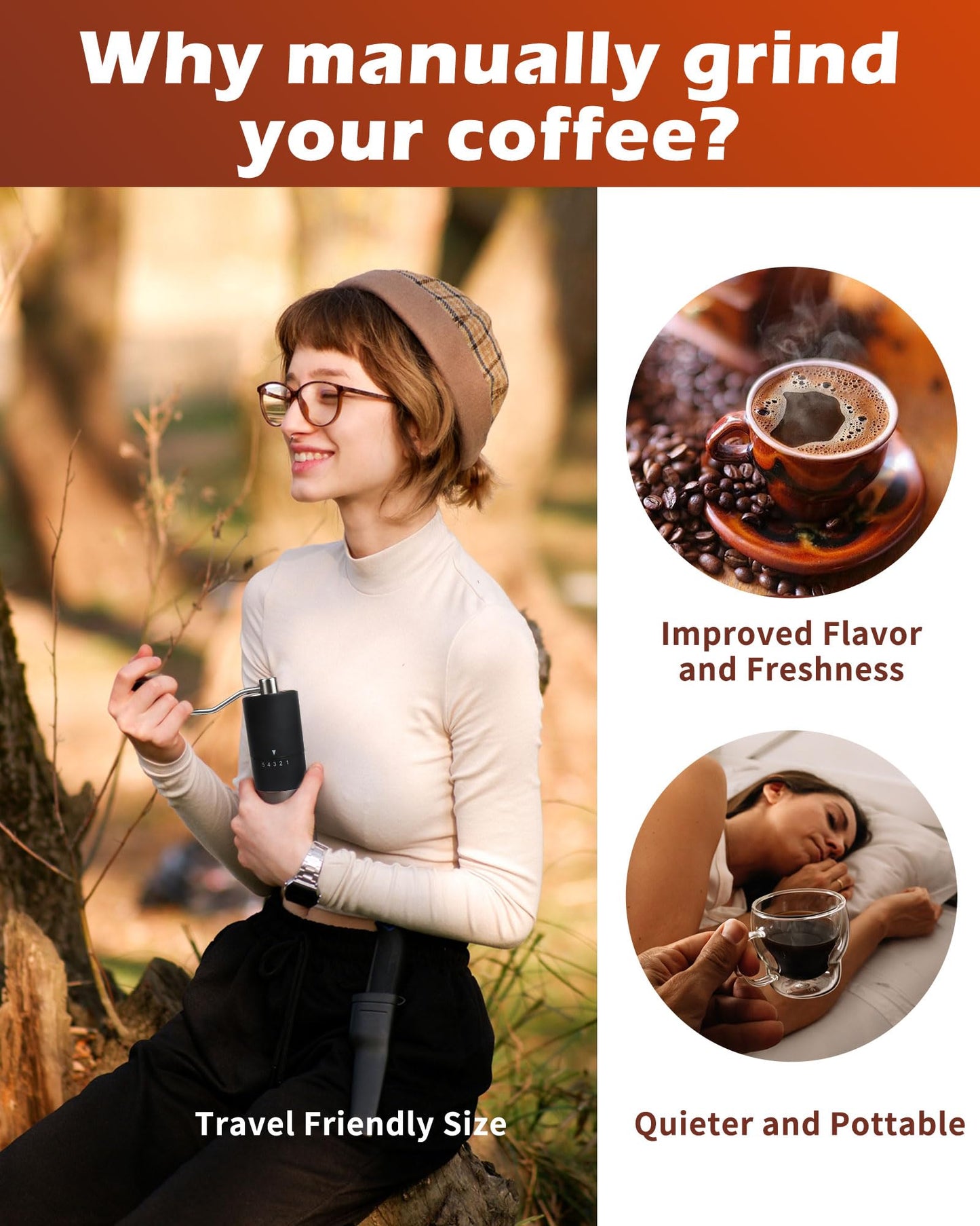 Manual Coffee Grinder With Ceramics Burr For Espresso,French Press,5 Adjustable Settings,Hand Maker with Built-In Burr,For Home Use and Camping Travel,Coffee Bean Grinders With Hand Crank