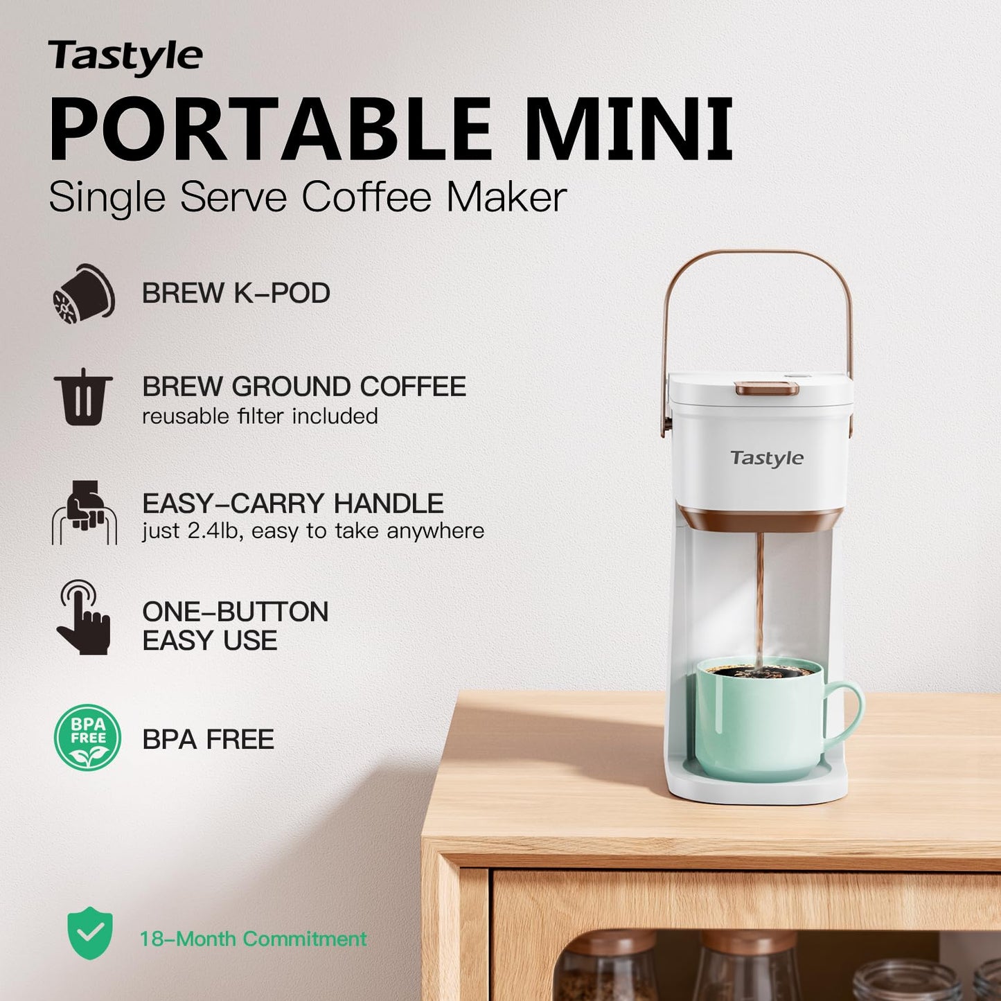 Single Serve One Cup Coffee Maker, for K Cups and Grounds, Mini Coffee Maker with Portable Handle, 6 to 12 Oz Brew Size, for Travel, Camping, Office, RV and Dorm, 120V, Black and Gold