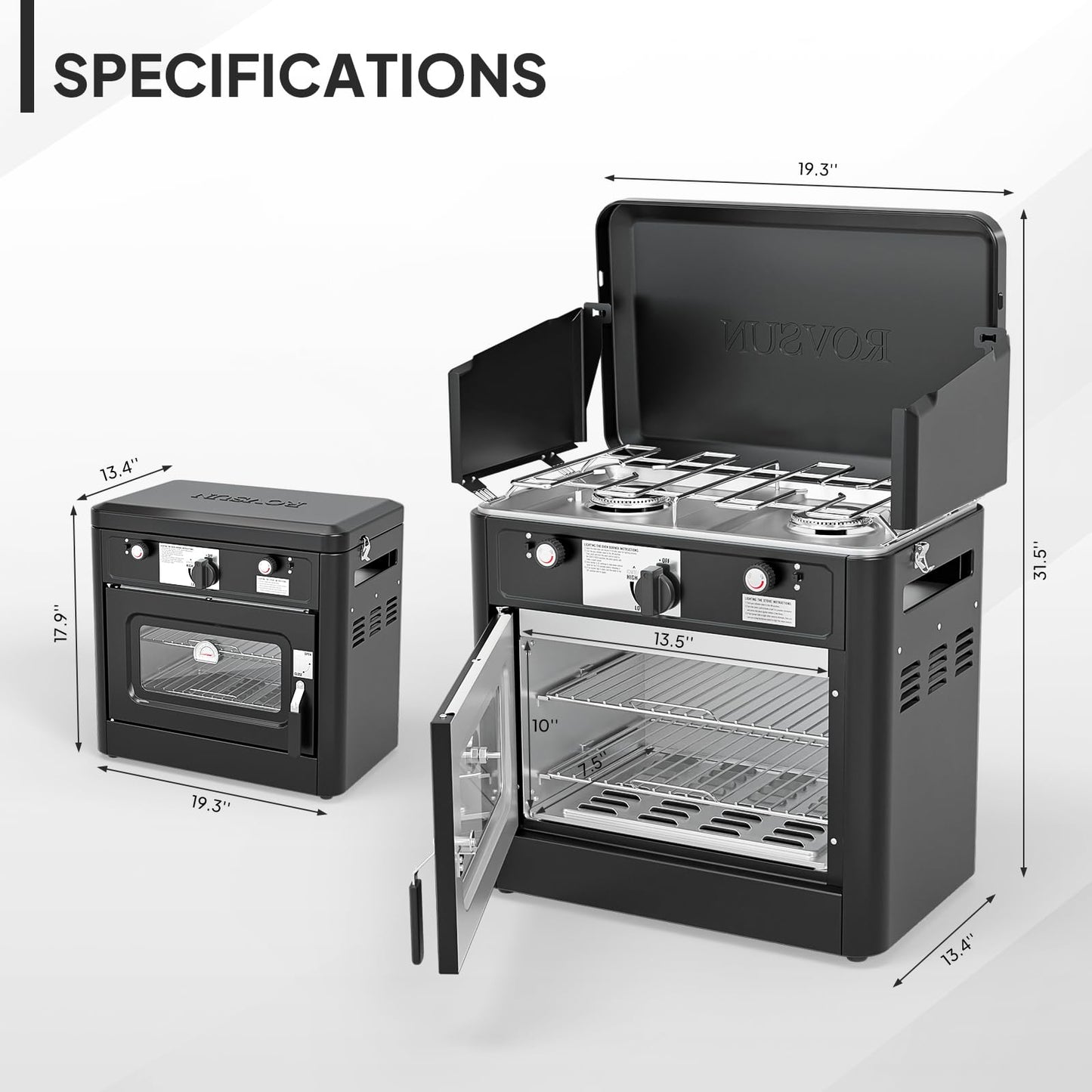 ROVSUN 2-in-1 Portable Camping Stove & Propane Oven with Piezo Igniter, 2 Burner Stove & Outdoor Oven with Adjustable Fire, Thermometer, Wind Panel & Regulator for Traveling, Tailgating (Black)