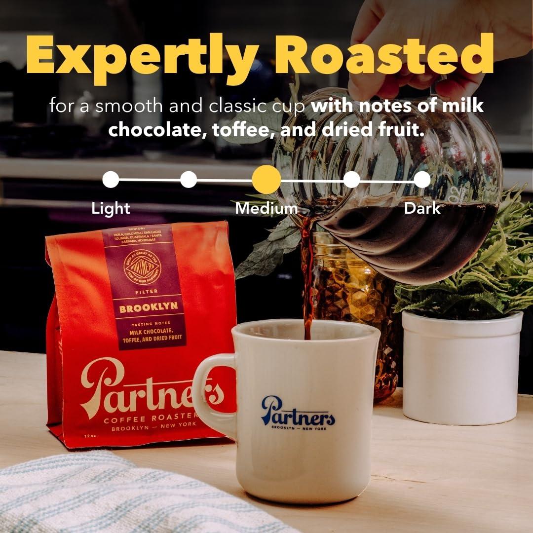 PARTNERS COFFEE ROASTERS - Whole Bean Coffee (Flatiron - Espresso, Medium-Dark Roast) 12oz - Classic Blend, Tastes Like Home - Dark Chocolate, Praline, Dates - Coffee Beans - Roasted in New York City