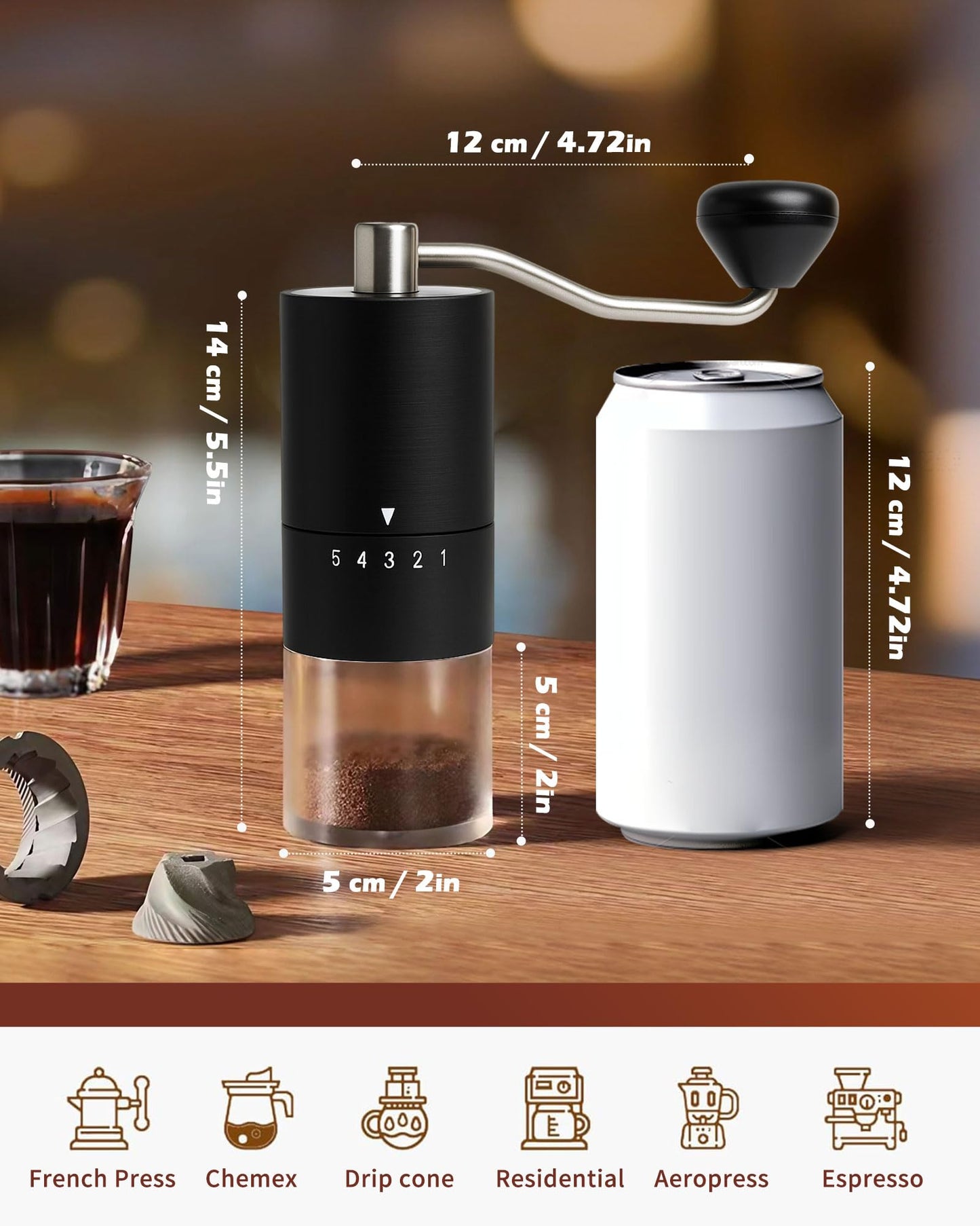 Manual Coffee Grinder With Ceramics Burr For Espresso,French Press,5 Adjustable Settings,Hand Maker with Built-In Burr,For Home Use and Camping Travel,Coffee Bean Grinders With Hand Crank