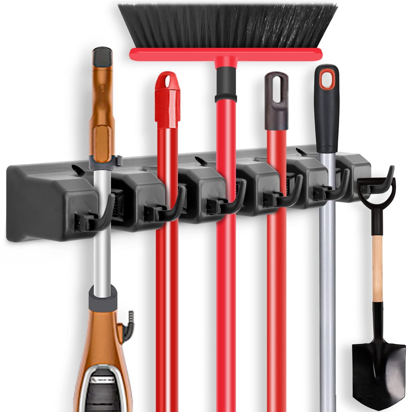 IMILLET 2 Pack Mop and Broom Holder, Wall Mounted Organizer Mop and Broom Storage Tool Rack with 5 Ball Slots and 6 Hooks (Black)