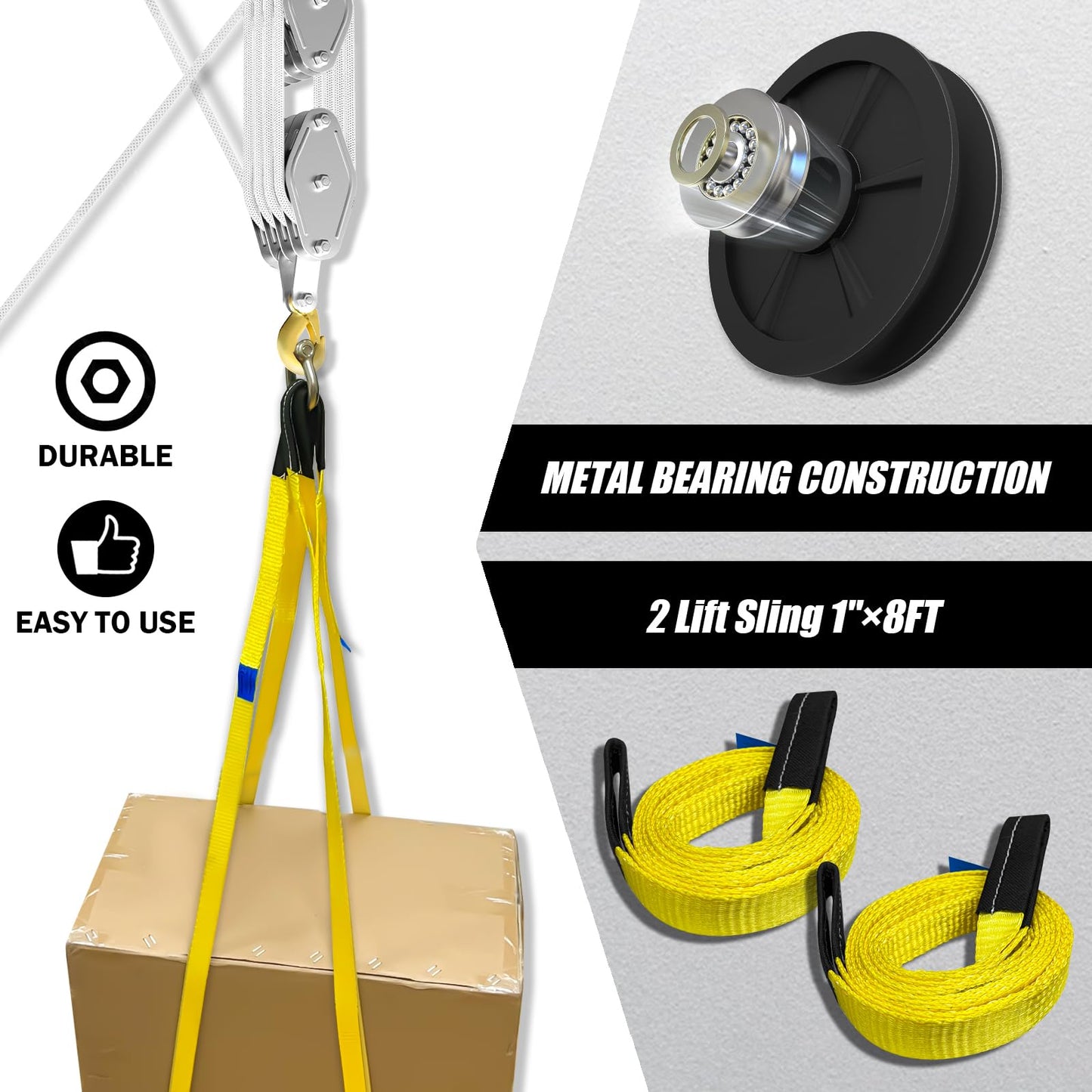 Rope Hoist Pulley System, 4400LB Pulley Block and Tackle, 8:1 Ratio Lifting Power 65ft, Heavy Duty Pulley Block for Lifting Pulling (with 2PCs Straps)