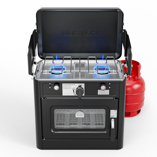 ROVSUN 2-in-1 Portable Camping Stove & Propane Oven with Piezo Igniter, 2 Burner Stove & Outdoor Oven with Adjustable Fire, Thermometer, Wind Panel & Regulator for Traveling, Tailgating (Black)