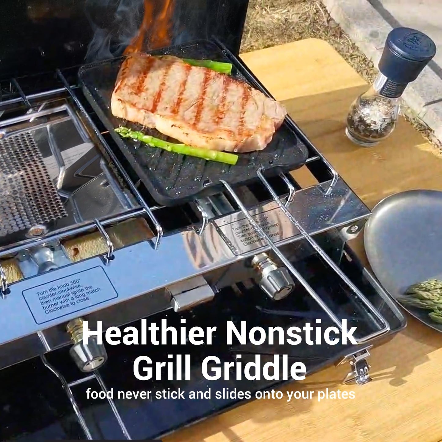 Camping Stove, 3 Burners Propane Portable Camp Stove with Regulator, Push-Button Instant Ignition, Adjustable Burners & Wind Guards for Car BBQ Picnics Outdoor Cooking (BEIGE-20400 BTUs)