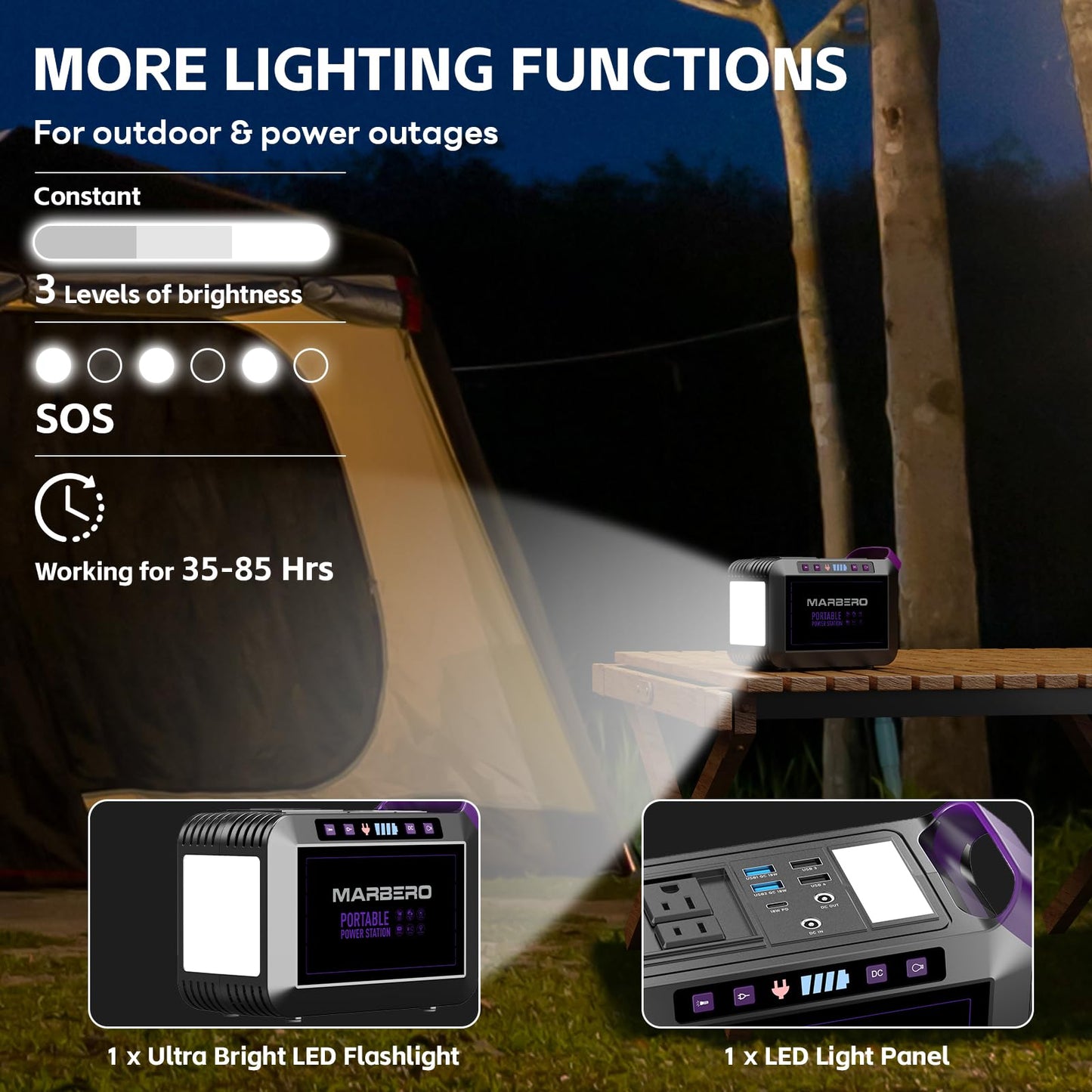 Portable Power Station 300W MARBERO 237Wh Camping Solar Generator Backup Lithium Battery with Pure Sine Wave 110V AC Outlet, USB C, USB A, DC for Outdoors Camping CPAP Home Blackout Emergency