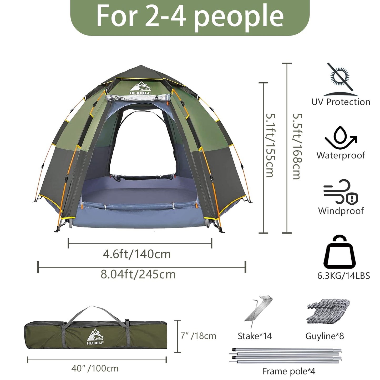 Hewolf 2/3/4 Person Camping Tent - Instant Pop Up Waterproof 2 Doors Tent with Easy Setup | 3-Season Hexagonal Dome Design for Family, Hiking & Traveling