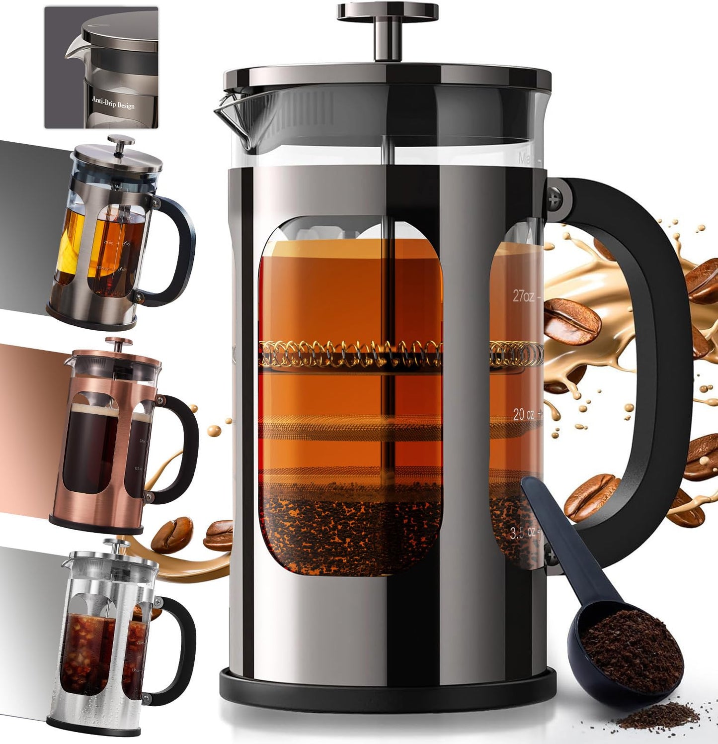 BAYKA French Press Coffee Maker, Large 304 Stainless Steel Coffee Press, Cold Brew Heat Resistant Thickened Borosilicate Coffee Pot for Camping Travel Gifts, 34 Ounce, Dark Pewter