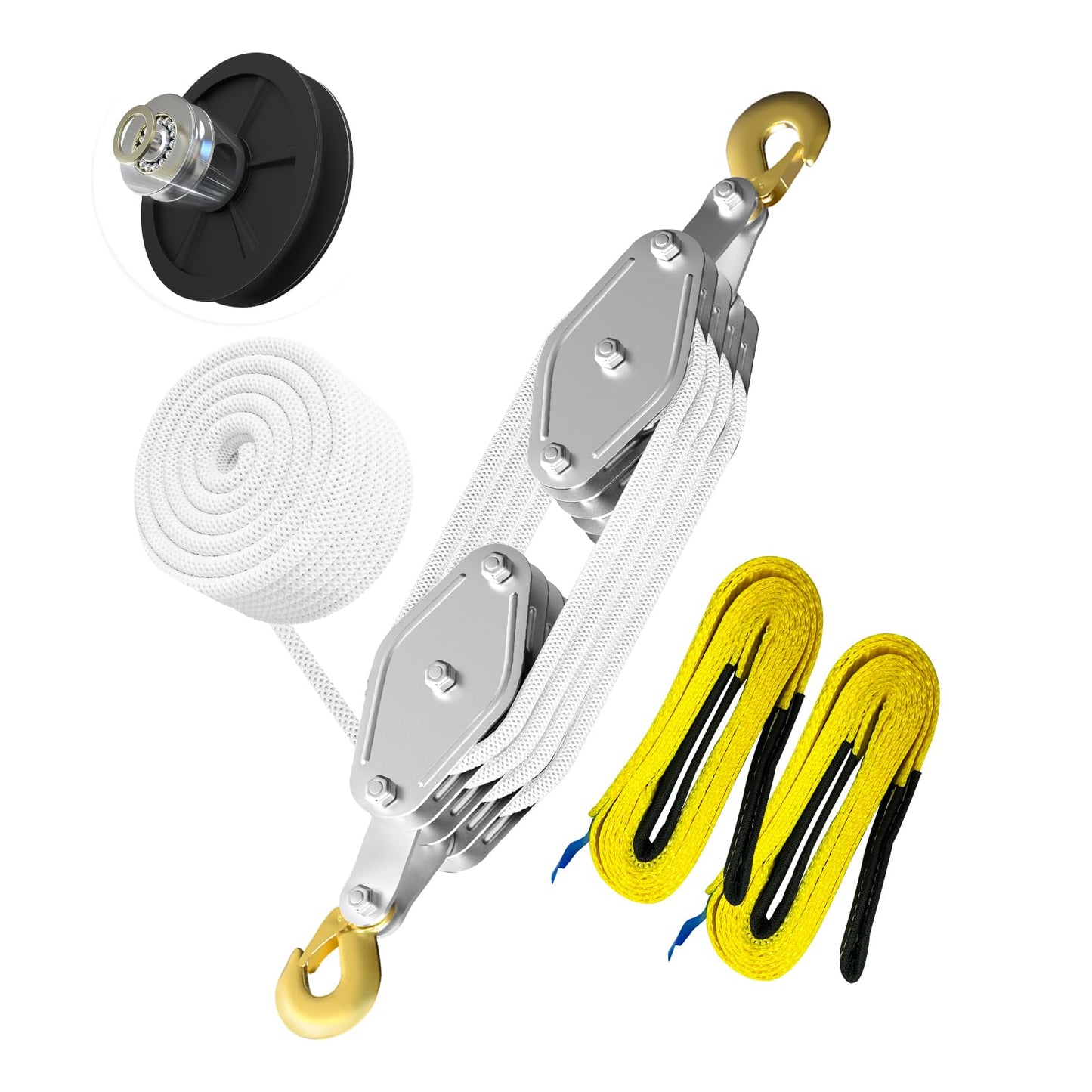 Rope Hoist Pulley System, 4400LB Pulley Block and Tackle, 8:1 Ratio Lifting Power 65ft, Heavy Duty Pulley Block for Lifting Pulling (with 2PCs Straps)