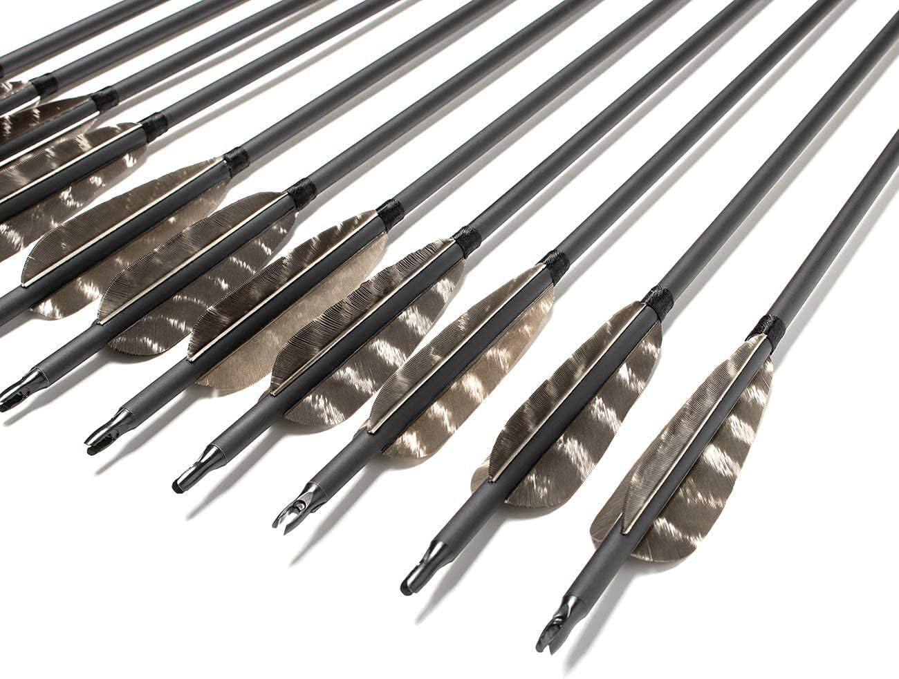 31Inch Carbon Arrow, Practice Hunting Arrows, Camo Turkey Feather Fletching, Arrows for Compound & Recurve Bow with Removable Tips Adjustable Nocks