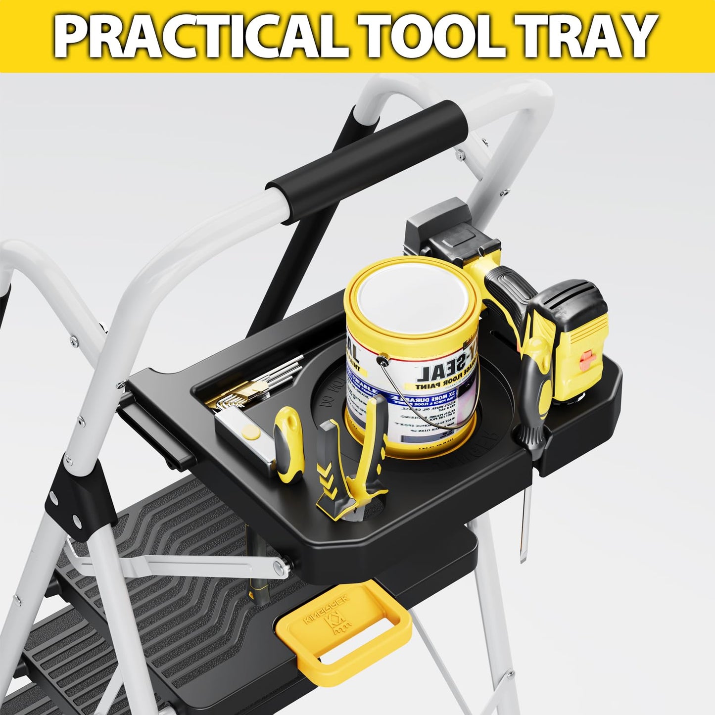 KINGRACK 4 Step Folding Ladder, 800lbs Capacity Step Stool with Safety Lock, Non-Skid Wide Pedals, and Handrail, Lightweight, Household Ladder for Home, Kitchen, Pantry, Closets, and Office Use, White