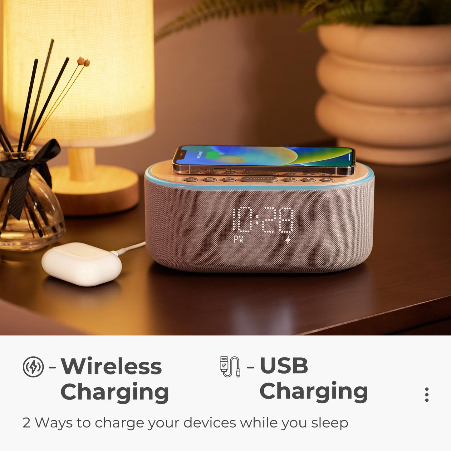 uscce Alarm Clock Bluetooth FM Radio: 10W Stereo Sound Speaker - Fast Wireless Charging for iPhone Samsung - Dimmable Clock Radio for Bedroom