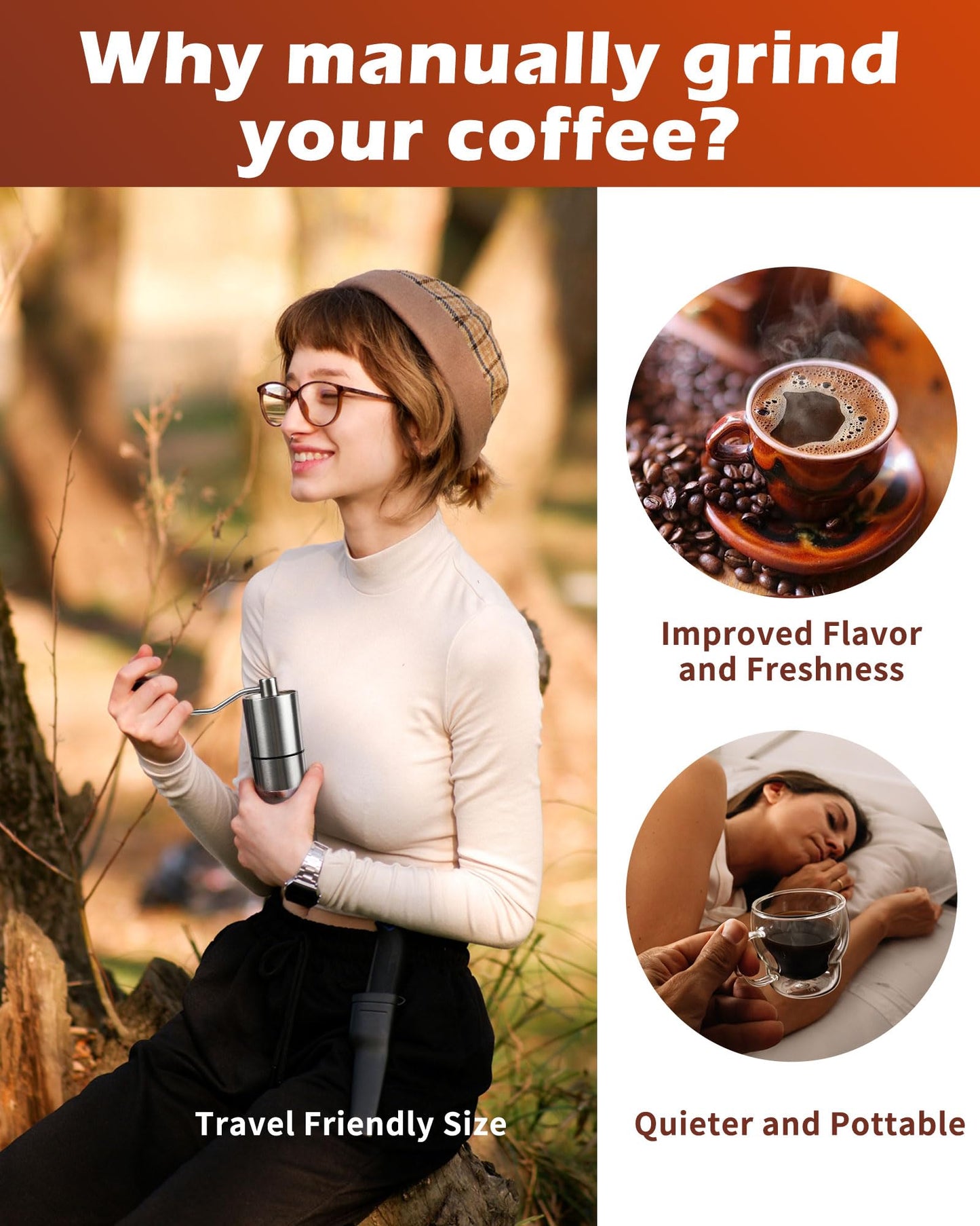 Manual Coffee Grinder With Ceramics Burr For Espresso,French Press,5 Adjustable Settings,Hand Maker with Built-In Burr,For Home Use and Camping Travel,Coffee Bean Grinders With Hand Crank