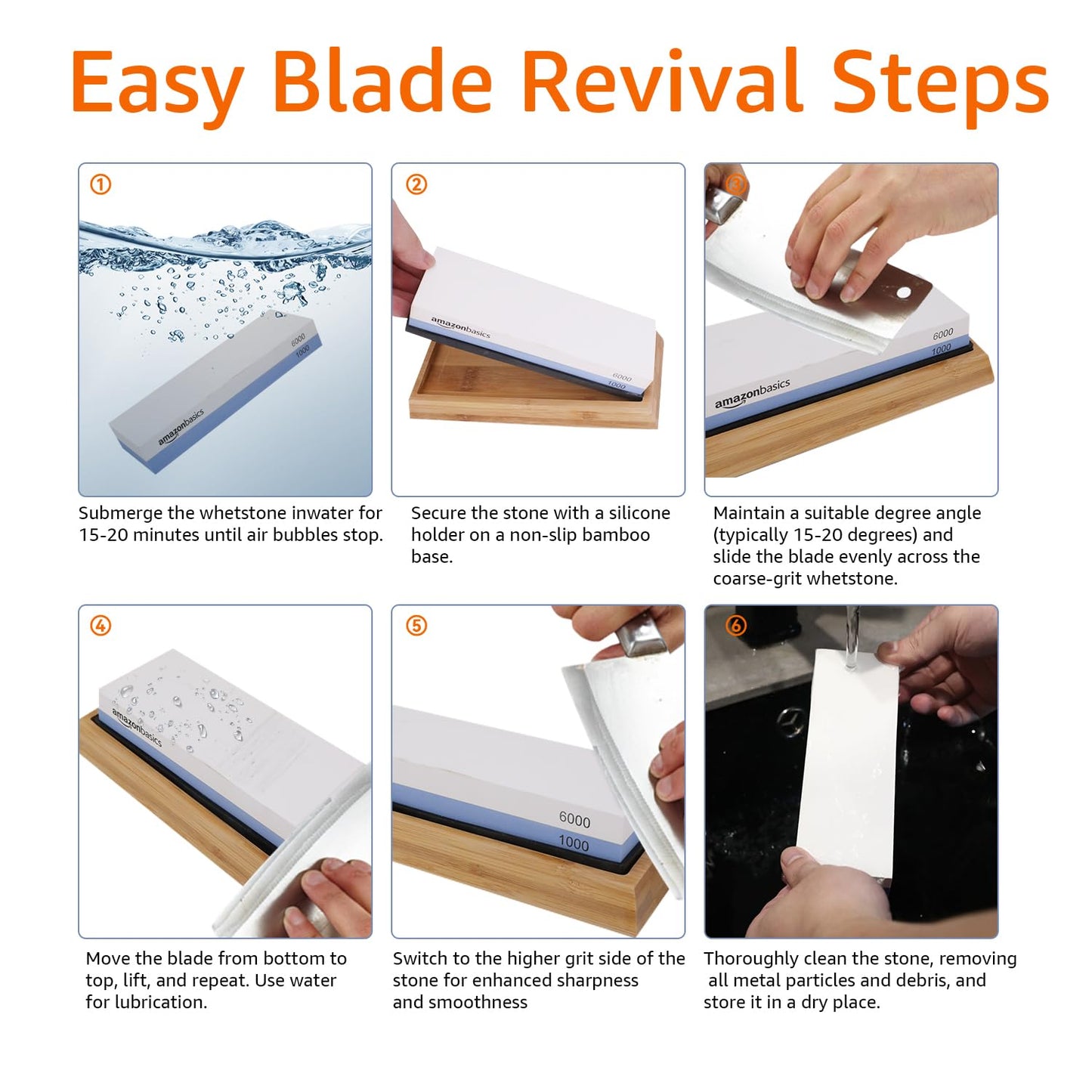 Amazon Basics Whetstone Knife Sharpening Wet Stone Dual Sided 400/1000 Grit with Non-Slip 1 Pc, Bamboo Base, Black & Grey