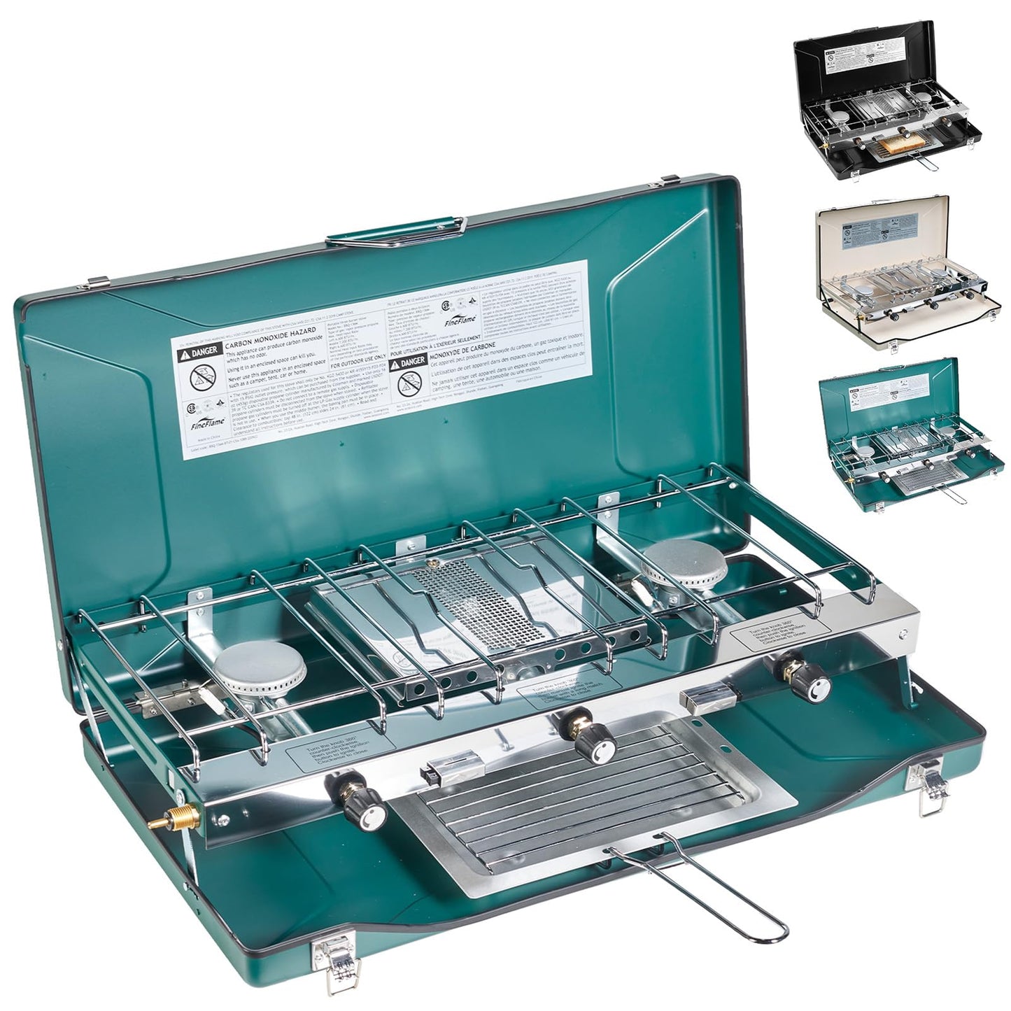 Camping Stove, 3 Burners Propane Portable Camp Stove with Regulator, Push-Button Instant Ignition, Adjustable Burners & Wind Guards for Car BBQ Picnics Outdoor Cooking (BEIGE-20400 BTUs)