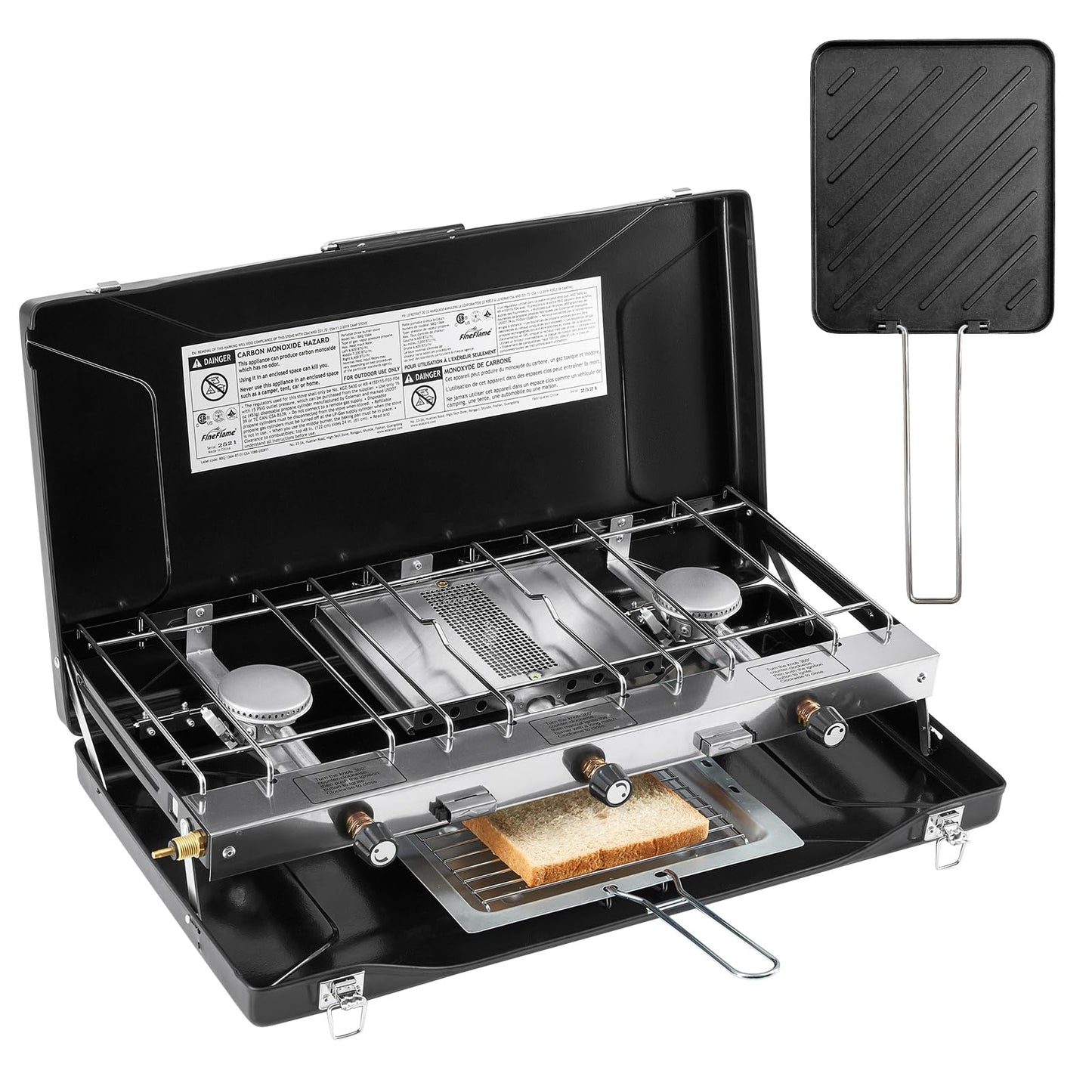 Camping Stove, 3 Burners Propane Portable Camp Stove with Regulator, Push-Button Instant Ignition, Adjustable Burners & Wind Guards for Car BBQ Picnics Outdoor Cooking (BEIGE-20400 BTUs)