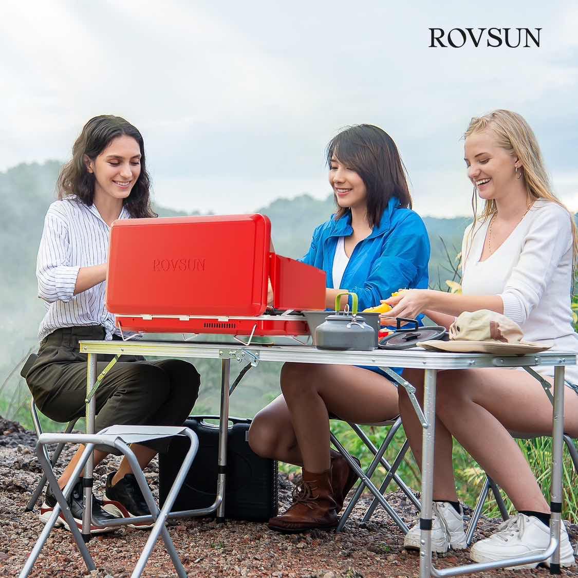 ROVSUN 2-in-1 Portable Camping Stove & Propane Oven with Piezo Igniter, 2 Burner Stove & Outdoor Oven with Adjustable Fire, Thermometer, Wind Panel & Regulator for Traveling, Tailgating (Black)