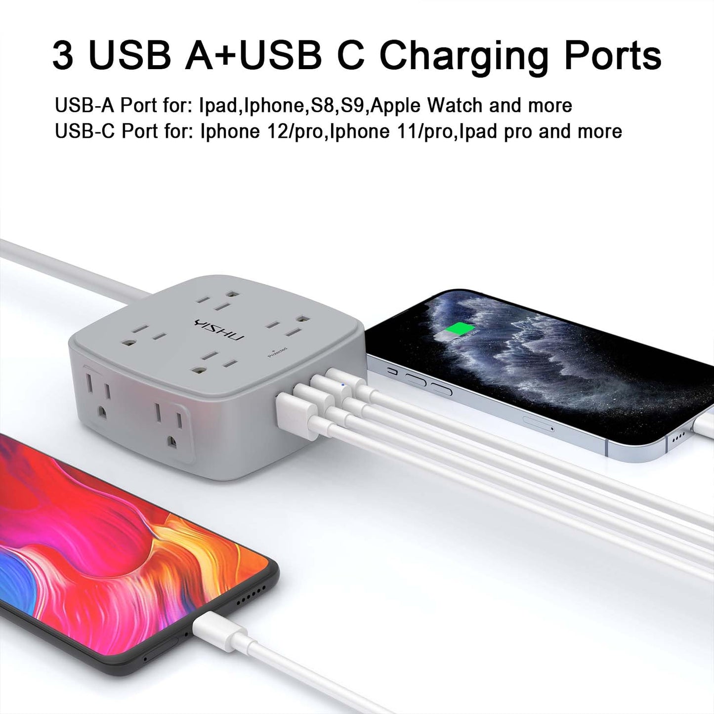 6 Ft Surge Protector Power Strip - 8 Widely Outlets with 4 USB Ports, 3 Side Outlet Extender with 6 Feet Extension Cord, Flat Plug, Wall Mount, Desk USB Charging Station, ETL,White