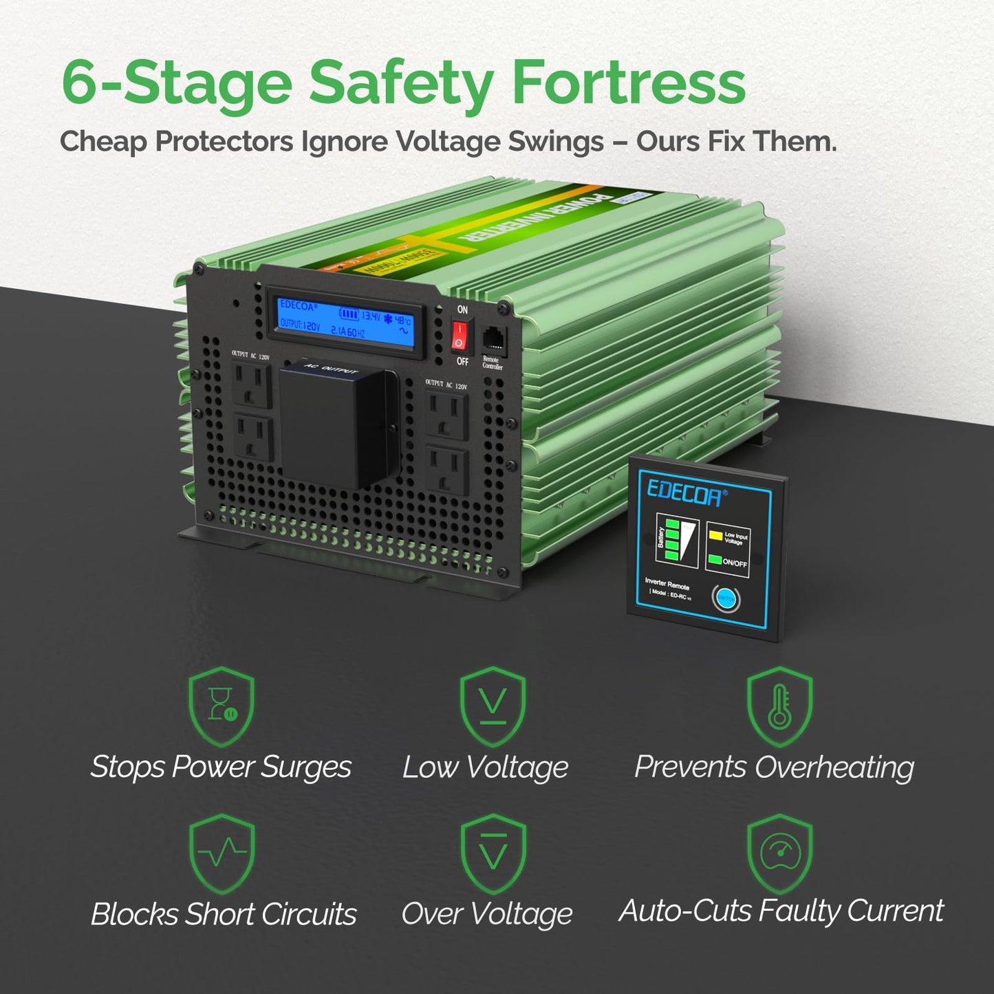 EDECOA Pure Sine Wave Power Inverter 3500W DC 12V to AC 120V with LCD Display and Remote Controller 4 AC Outlets and 1 Terminal Block