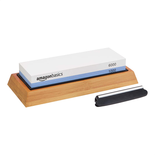 Amazon Basics Whetstone Knife Sharpening Wet Stone Dual Sided 400/1000 Grit with Non-Slip 1 Pc, Bamboo Base, Black & Grey