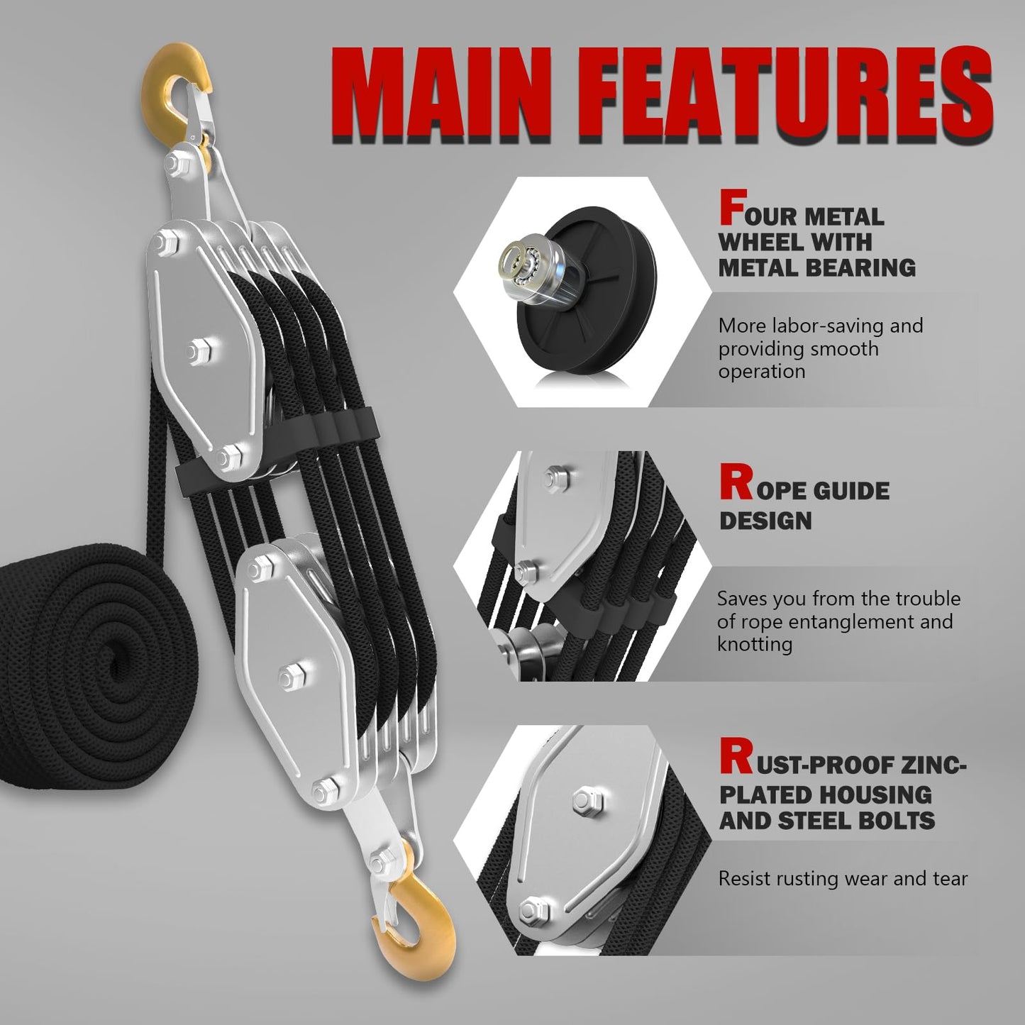 Rope Hoist Pulley System, 4400LB Pulley Block and Tackle, 8:1 Ratio Lifting Power 65ft, Heavy Duty Pulley Block for Lifting Pulling (with 2PCs Straps)