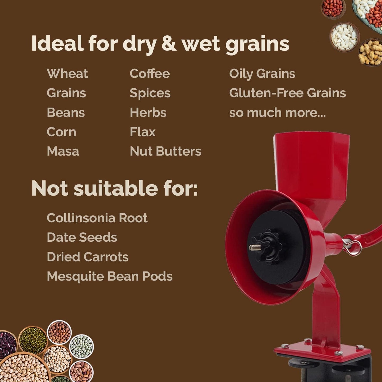 WONDERMILL Manual Hand Grain Mill Red Wonder Junior Deluxe for Dry and Oily Grains - Kitchen Flour Mill, Grain Mill Hand Crank and Spice, Corn, Wheat Stone Mill Grinder