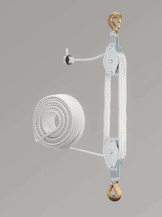 Block and Tackle Pulley System for Lifting Objects - SoB 4000LB Breaking Strength with 65 Feet of 3/8" Rope - 7:1 Lifting Power - Heavy Duty Rope Hoist Pulley System for Garage Warehouse Construction