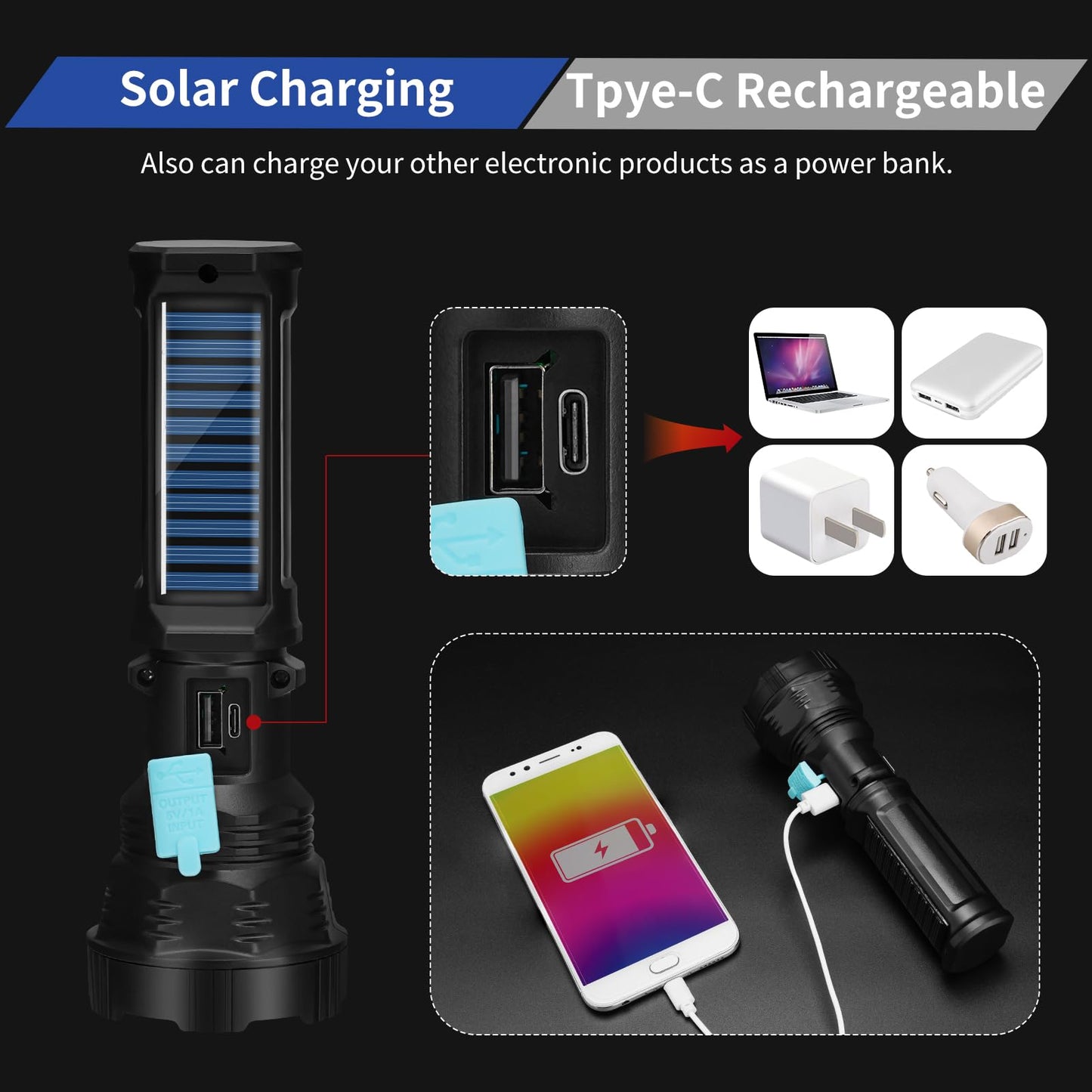 Led Solar Flashlight, 1500 Lumens Led Solar Handheld Rechargeable Flashlights with IP65 Waterproof, 2000mAh Battery for Survival Emergencies Camping (2 Packs)