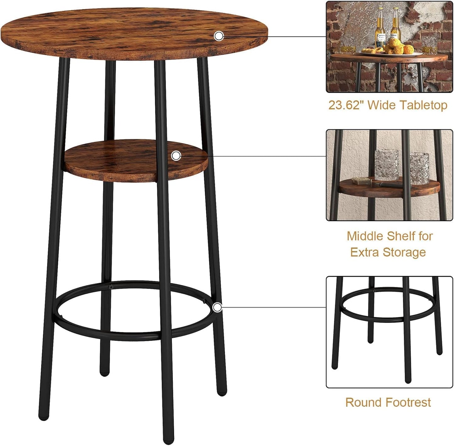 3-Piece Dining Table Set for 2, Small Round Kitchen Table with 2 Chairs, Counter Height Bar Table with Storage, Pub Table and PU Upholstery Stools for Small Space, Apartment, Bistro-Brown