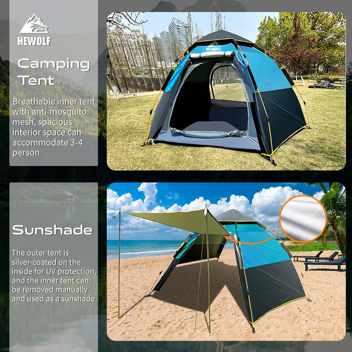 Hewolf 2/3/4 Person Camping Tent - Instant Pop Up Waterproof 2 Doors Tent with Easy Setup | 3-Season Hexagonal Dome Design for Family, Hiking & Traveling